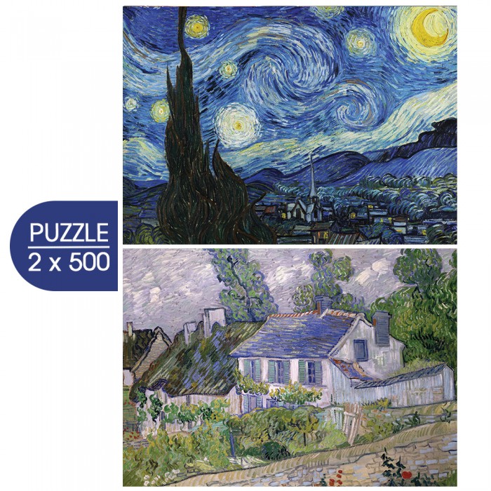 Grafika-F-33665 2 Puzzles - L'Art de Van Gogh : La Nuit étoilée, 1889 - Maison à Auvers, 1890