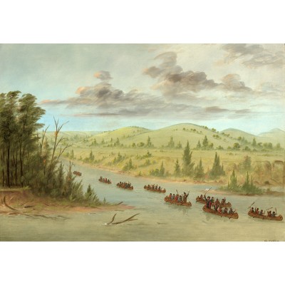 Grafika - 12 pièces - George Catlin : L'expedition de La Salle En entrant dans le Mississippi à Canoës le 6 février 1682